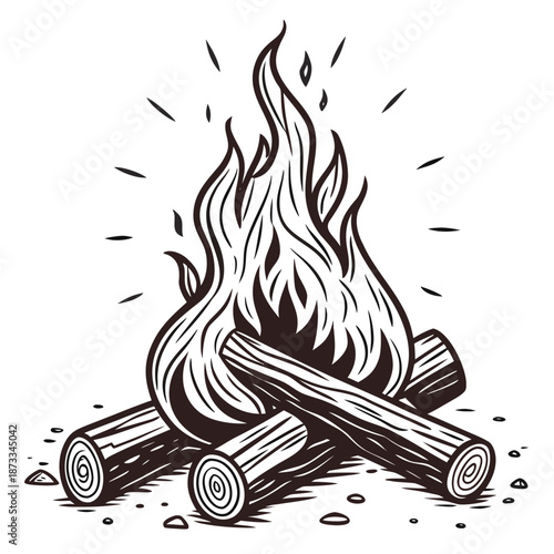 A vintage styled illustration of a burning campfire with logs showcasing a striking silhouette high quality