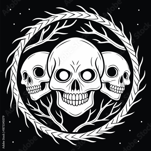 three skulls framed by a wreath of branches and leaves creating a dark and mysterious artwork silhouette