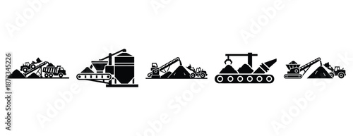bulk material handling silhouette icon set, solid style, vector illustration