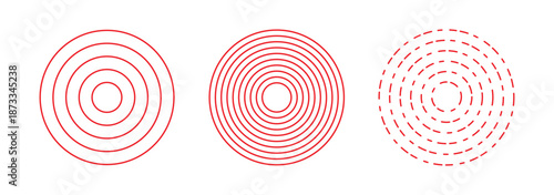 Red concentric ripple circles set. Sonar or sound wave rings collection. Epicentre, target, radar icon concept. Radial signal or vibration elements. Halftone vector illustration