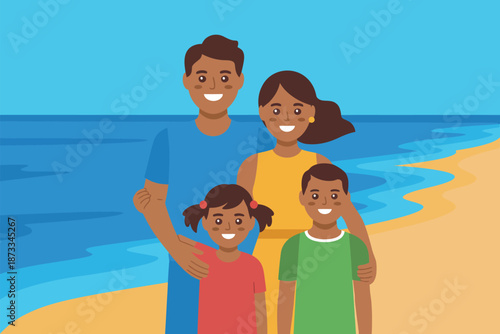 A happy family of four standing together on a sunny beach vacation