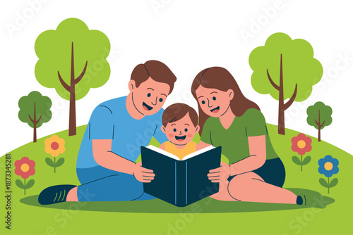 A happy family reading a book together in a beautiful green park