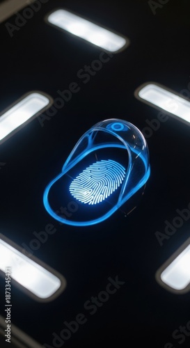 Glowing blue fingerprint on a dark background. Biometric security and digital identification concept. Modern technology for access control.