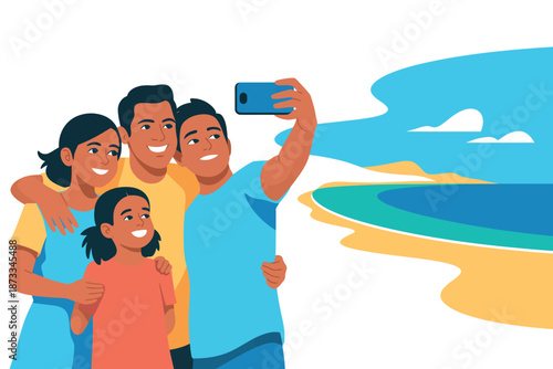 A happy family taking a selfie together on a beautiful beach vacation