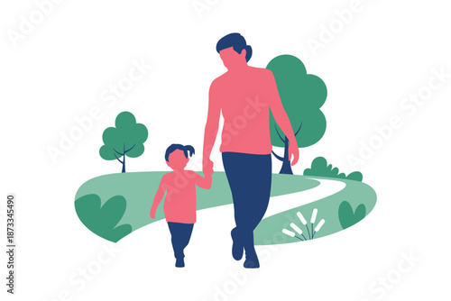 A man and a child walking hand in hand in a park