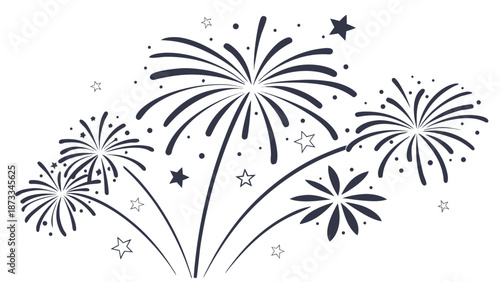 celebratory fireworks display with multiple bursts and sparkling stars presented in a striking silhouette high quality