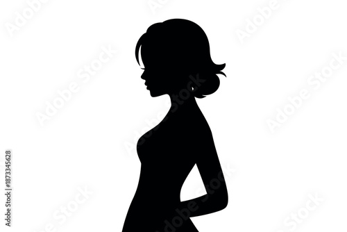 A black silhouette of a woman in a confident pose against a white background