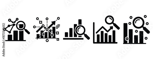 data analytics silhouette icon set, solid style, vector illustration