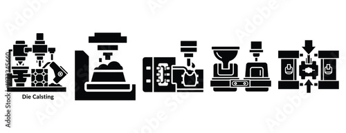 die casting silhouette icon set, solid style, vector illustration