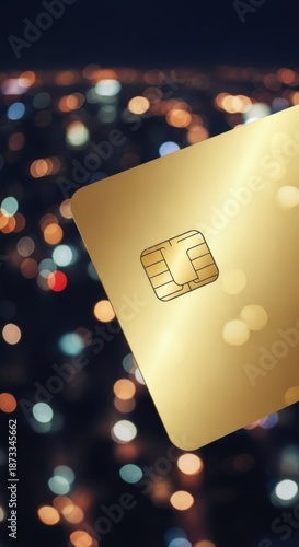 Gold credit card with microchip against a blurred bokeh background. Financial transaction and banking technology concept. Online payment security.