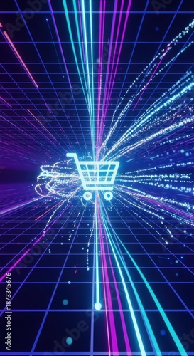 Shopping cart icon overlayed on a futuristic grid with neon light trails. Concept of fast digital marketing and modern online retail technology.