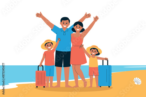 A happy family with two children on a beach vacation with luggage