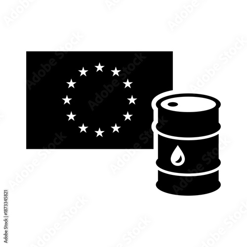 Oil icon. Crude reserves. Oil industry. Barrel of oil. Oil drum and the flag of Europe. Vector icon isolated on white background.
