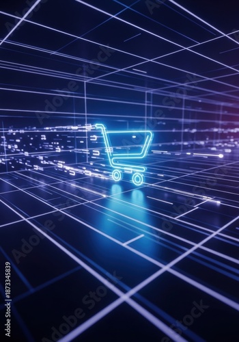 Holographic shopping cart icon on grid background. Concept of digital commerce, online store, and future retail technology.