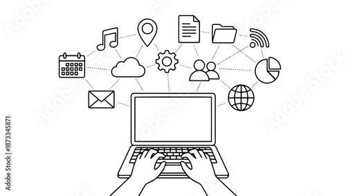 Digital Connectivity Line Art, Hands Typing on Laptop with Online Service Icons, line art, outline, vector, laptop, typing hands, computer, technology, digital, connectivity, network, online services,