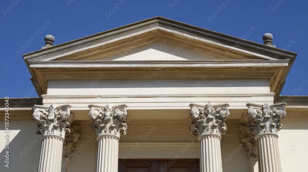Obraz premium doorway. Classical doorway with symmetrical columns under a clear blue sky, embodying timeless architectural elegance. real-estate listings. 