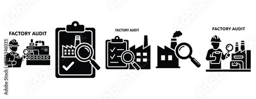 factory audit silhouette icon set, solid style, vector illustration
