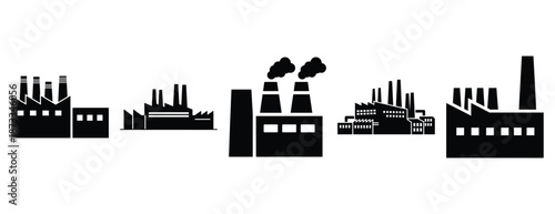 factory building silhouette icon set, solid style, vector illustration