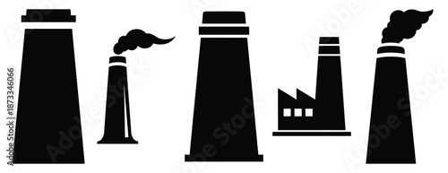 factory chimney silhouette icon set, solid style, vector illustration