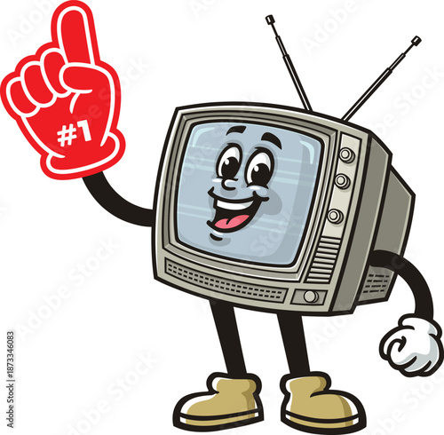 An old television mascot cartoon holding a giant foam finger