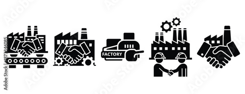 factory collaboration silhouette icon set, solid style, vector illustration