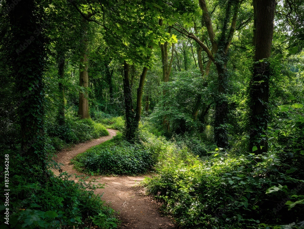 Fototapeta premium sunlit path winding through a dense vibrant woodland