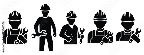 factory worker silhouette icon set, solid style, vector illustration