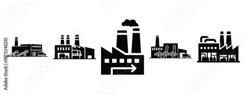 food processing plant silhouette icon set, solid style, vector illustration