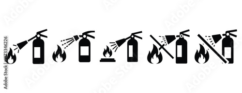 fire suppression silhouette icon set, solid style, vector illustration