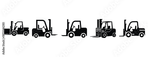 forklift truck silhouette icon set, solid style, vector illustration