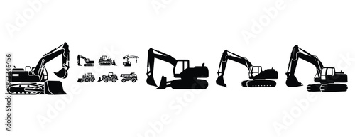 heavy machinery silhouette icon set, solid style, vector illustration