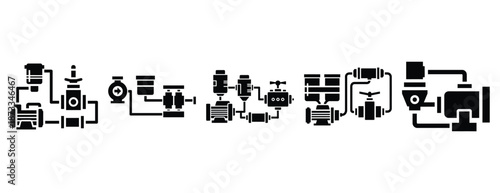 hydraulic system silhouette icon set, solid style, vector illustration