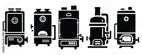 industrial boiler silhouette icon set, solid style, vector illustration