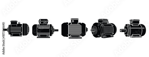 industrial motor silhouette icon set, solid style, vector illustration