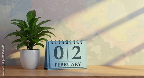 February 2nd calendar page with green plant on wooden desk