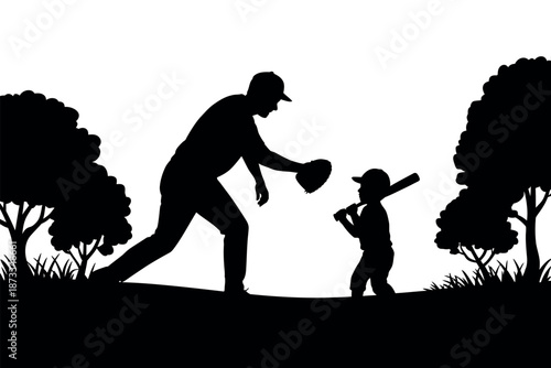 A silhouette of a father teaching his son how to play baseball outdoors