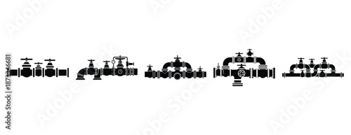 industrial pipeline silhouette icon set, solid style, vector illustration