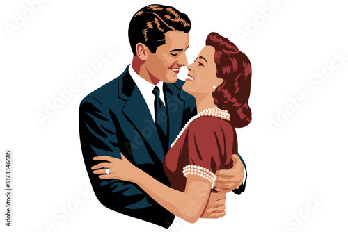 A happy couple embracing and smiling at each other lovingly in vintage style