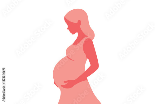 A pregnant woman in a pink dress holding her belly with care