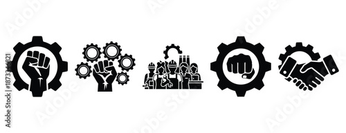 industrial union silhouette icon set, solid style, vector illustration