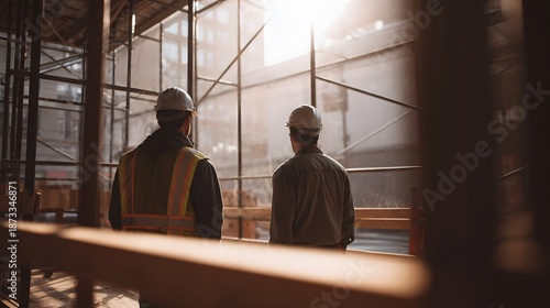 Two construction workers in hard hats observe a sunlit industrial site with scaffolding