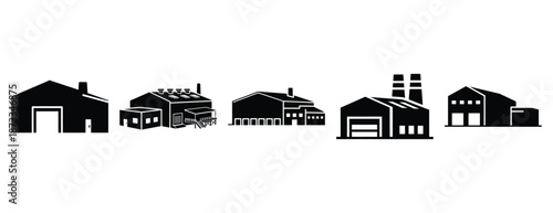 industrial warehouse silhouette icon set, solid style, vector illustration