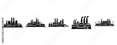 industrial zone silhouette icon set, solid style, vector illustration