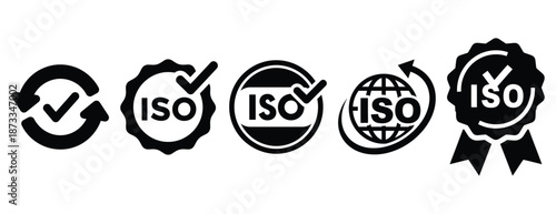 iso certification silhouette icon set, solid style, vector illustration