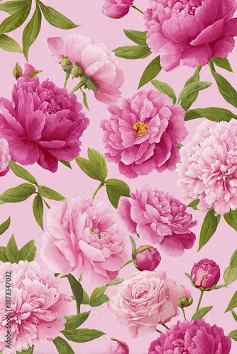 Illustrated pink floral pattern featuring peonies and roses, showcasing vibrant colors and lush greenery, perfect for backgrounds, textiles, and decorative designs with copy space