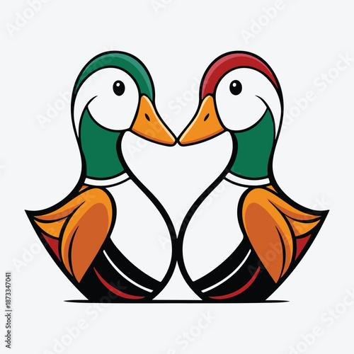 Cute duck family cartoon illustration with ducklings in nature