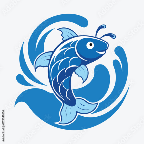 Slika na platnu Cute cartoon fish vector illustration swimming happily in blue ocean water with