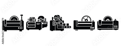 labeling machine silhouette icon set, solid style, vector illustration