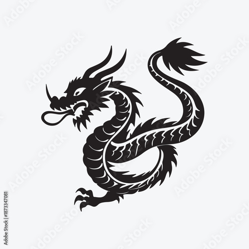 Black Chinese dragon vector illustration on a dark background with a powerful mythical design