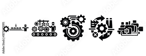lean manufacturing silhouette icon set, solid style, vector illustration